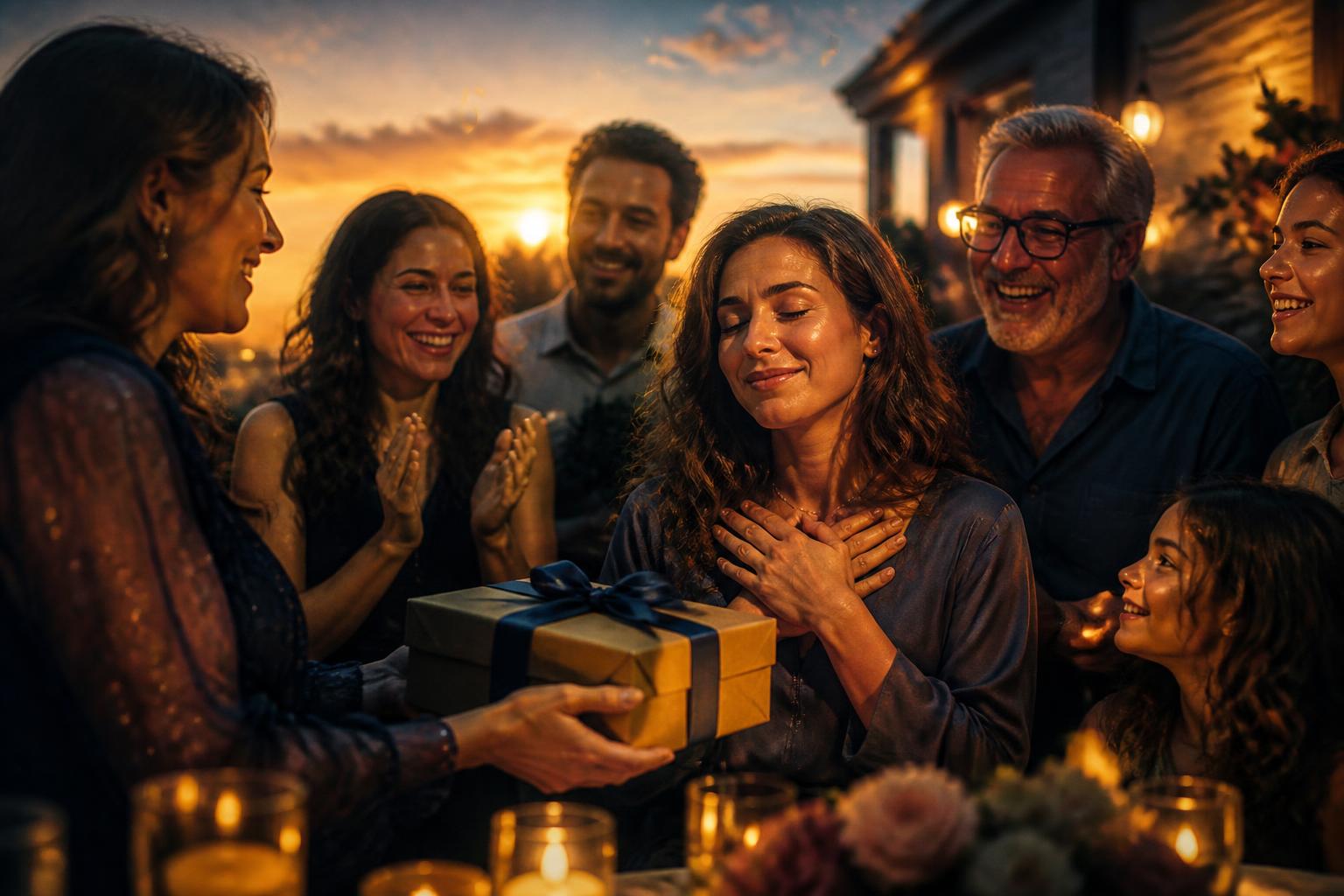 Família emocionada celebrando com um presente ao pôr do sol