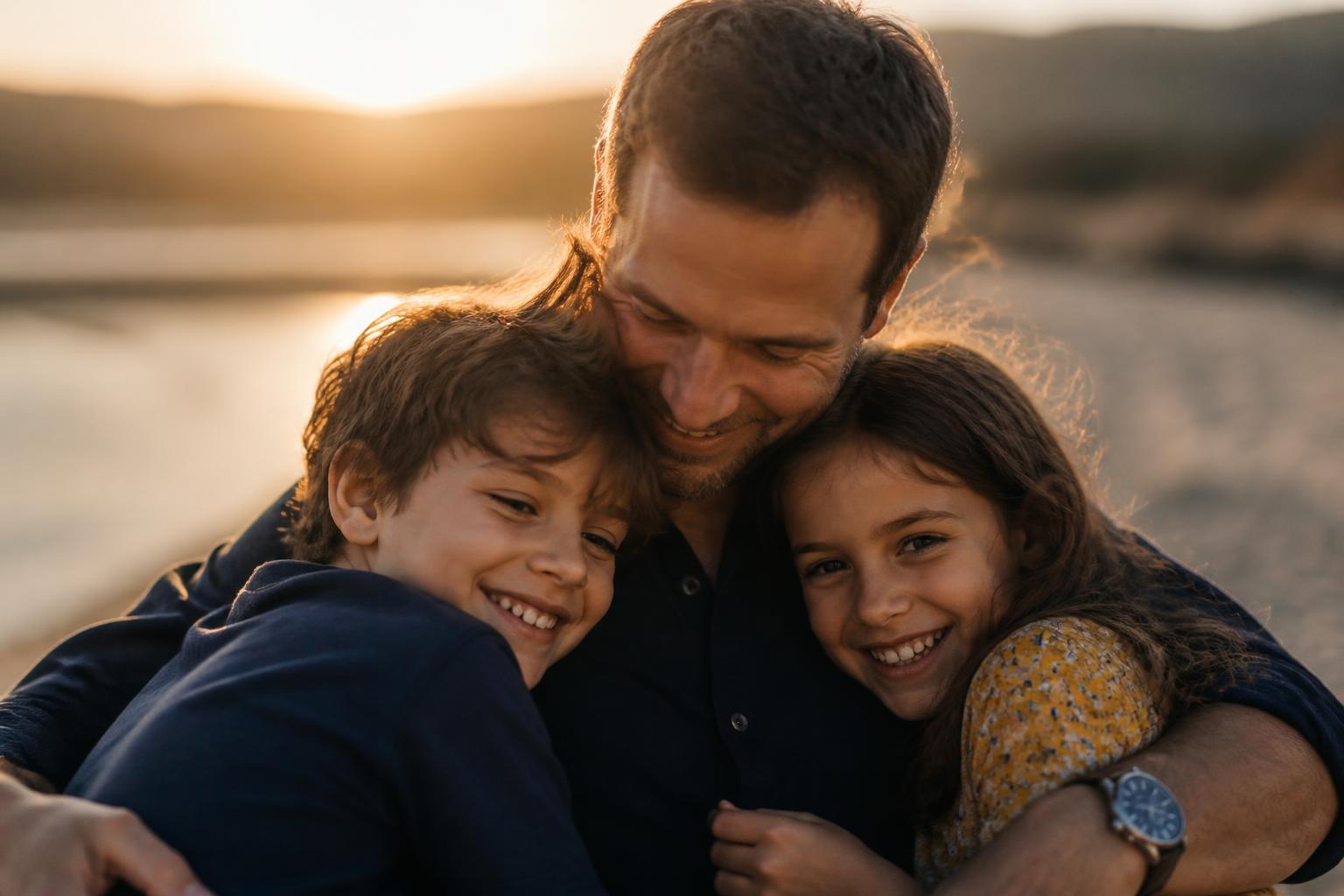 Pai abraçando os dois filhos ao pôr do sol